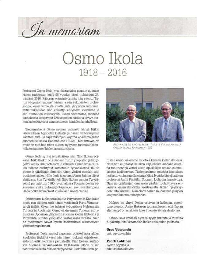 Osmo Ikola in memoriam Sastamalan Joulu 2016